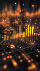 Digital data visualization with glowing orange and yellow bar charts