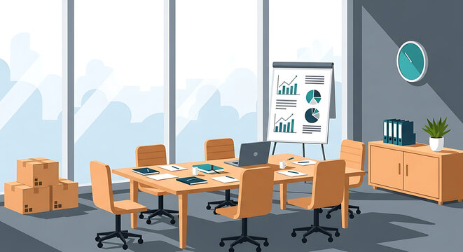 An empty modern office conference room with a presentation chart, laptop, and stacked cardboard boxes.