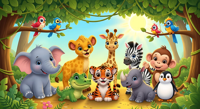 Fototapeta A cheerful group of cute cartoon baby safari animals gathered together in a sunny, lush jungle setting.
