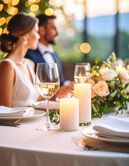 A wedding couple sits at an elegantly decorated table with candles, flowers, and champagne glasses, creating a romantic and festive atmosphere.