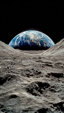 View of Earth from the Moon's Surface with rugged lunar terrain in the foreground