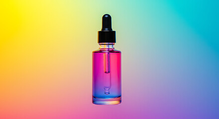 Vibrant dropper bottle with gradient liquid on colorful background