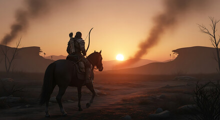 An armored rider on horseback travels through a desolate, smoky battlefield at sunset.