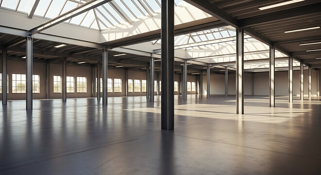 An empty, modern warehouse interior with steel columns, a concrete floor, and large windows with skylights.