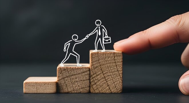 A man drawing helps another man drawing climb wood block stairs. Assistance and collaboration for career advancement and business success concept.