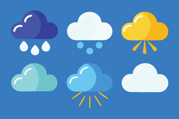 Vibrant flat design illustration showcasing six different types of clouds against a blue background, depicting various weather conditions such as rain, snow, and sunshine