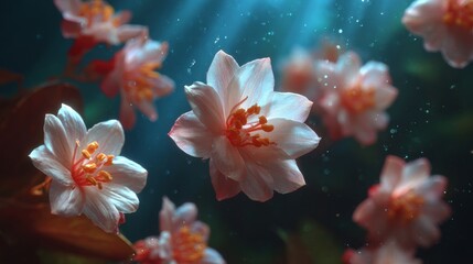 Fototapeta premium Blossoming Wonders: Delicate blooms in ethereal splendor, suspended amidst serene depths, embody tranquility and natural beauty.