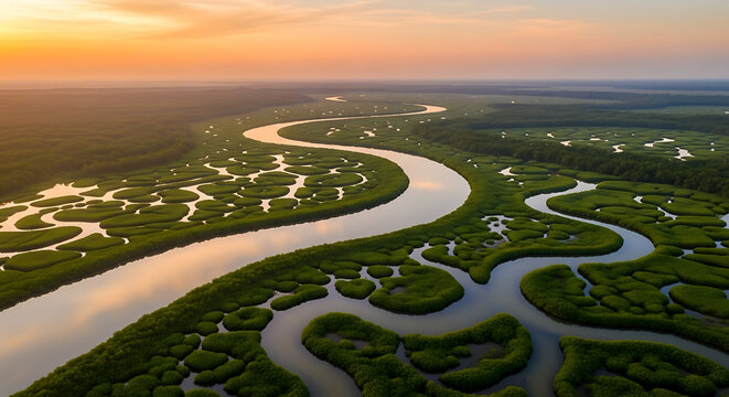 An aerial view of a winding river flowing through a vast green marshland at sunset.