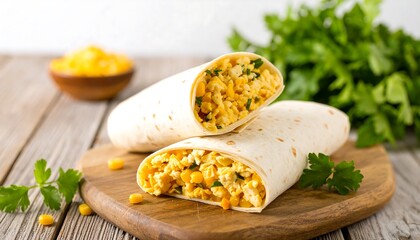 Two corn and cheese burritos on a wooden board, partially unwrapped to show filling