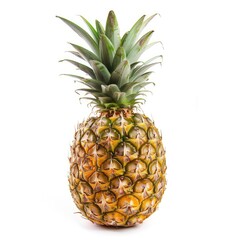 Ripe pineapple, vibrant yellow-gold flesh, green crown of leaves, isolated against white background