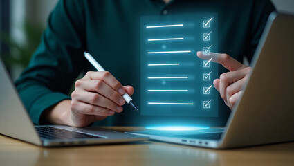 Person interacting with a digital checklist on a futuristic interface