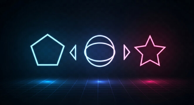 A glowing neon sequence illustrates a transformation from a blue pentagon to a pink star on a futuristic grid.