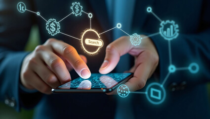 Person using smartphone with glowing digital network and financial icons