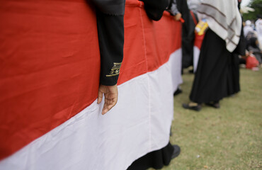 A child's hand holding the Indonesian flag during a cultural or independence celebration.