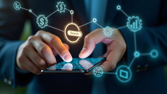 Person using smartphone with glowing digital network and financial icons
