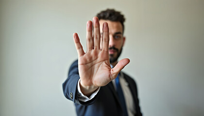 Stop hate crimes with raised hand and expression. Stop hate crimes, hand gestures convey serious sentiment against discrimination and prejudice.