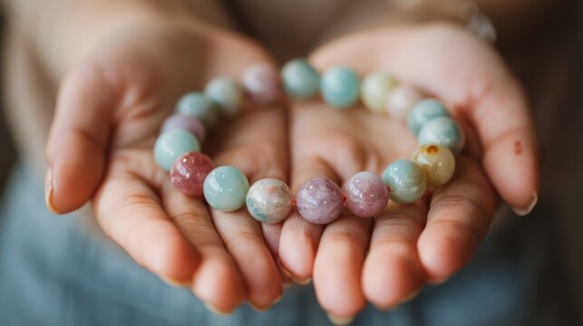 close-up of seller&acirc;&euro;&trade;s hands presenting pastel gemstone bracelet