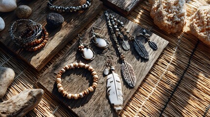 Top down view of modern bohemian jewelry collection feather earrings shell pendants beaded bracelets on textured driftwood and natural woven mat under sunlight