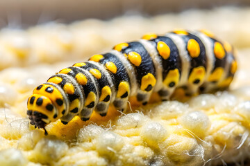 Fototapeta premium Extreme closeup macro photograph of a black and yellow striped caterpillar crawling on a textured surface