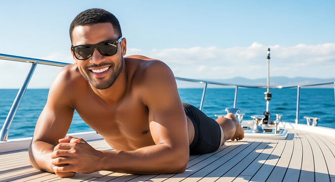 A handsome shirtless man with sunglasses smiles while relaxing on the deck of a yacht at sea.