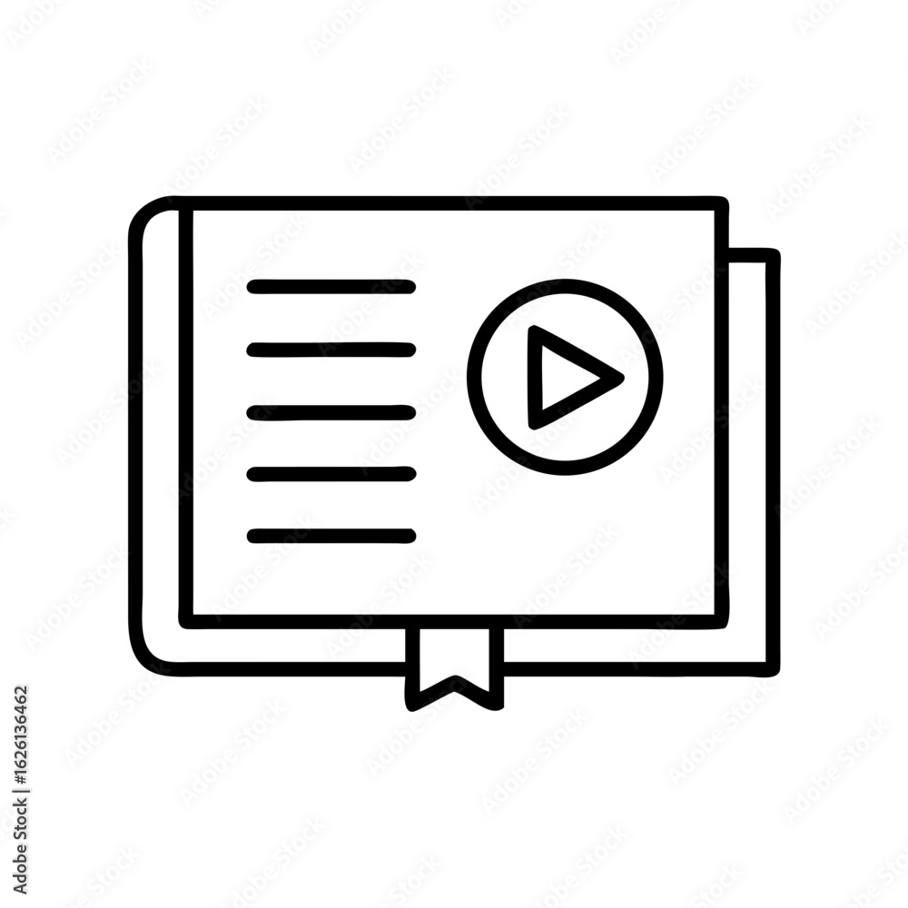 Poster book with play button and notes symbolizing e-library icon