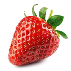 Single, ripe strawberry, glossy red, with green leaves