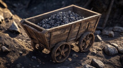 Wooden mining cart filled with coal on a dirt path.