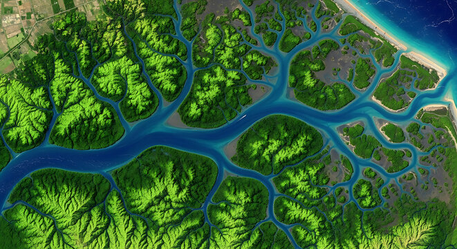 Vibrant blue river delta with branching tributaries flowing through lush green forested hills to the coast.
