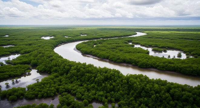 An expansive aerial view of a wide river meandering through a lush, dense green mangrove forest under a cloudy sky. - Powered by Adobe