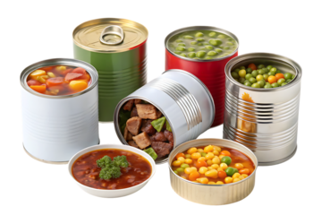 Collection of various opened canned foods including vegetables, soups, beans and sauces in metal containers, isolated on a transparent background