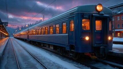 Naklejka premium Vintage Train at Dusk: An atmospheric scene of a vintage train bathed in the soft glow of dusk, waiting at the station. The long exposure amplifies the moment. 
