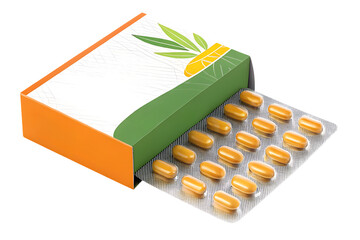 Blister pack of orange capsules or pills with green and orange pharmaceutical packaging box, isolated on a transparent background