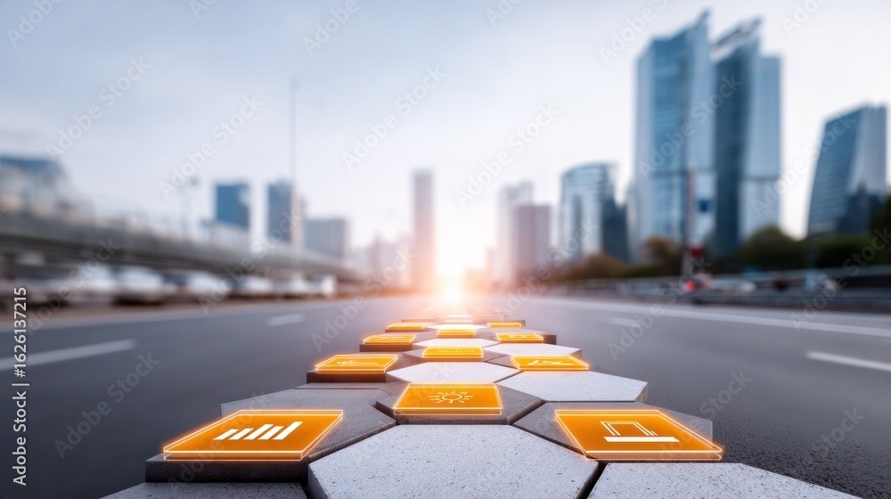 Poster digital highway: a dynamic perspective showcasing a pathway of illuminated hexagonal tiles, leading 