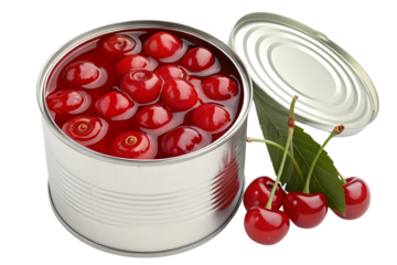Opened can of red cherries in syrup, fresh cherries with stems and leaves nearby, isolated on a transparent background