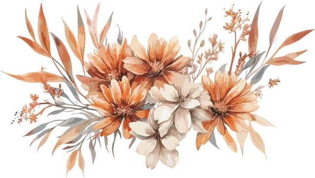 Beautiful watercolor autumn floral arrangement with pampas grass and dahlias in warm tones