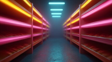Neon-lit store shelves: The image captures a stunning view down the aisle of store shelves bathed in the vibrant glow of neon lights, creating a visually striking and immersive experience.