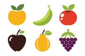 Vibrant collection of colorful fruits including apples, a banana, and grapes, presented in a clean, modern flat design style, isolated on a white background