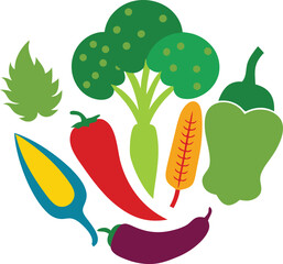 Colorful Vegetable Illustration Set Featuring Broccoli, Bell Pepper, Chili, Corn, Eggplant, Squash, and Leafy Greens – Ideal for Healthy Eating Graphics, Recipe Blogs, and Food Packaging Design