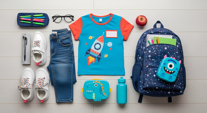 A back to school flat lay to celebrate a family wedding anniversary, with a child's outfit and essential supplies perfectly organized.