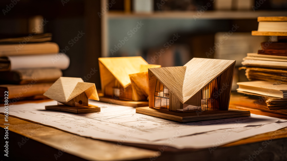 Poster modern architectural models displayed on blueprints in a creative studio setting