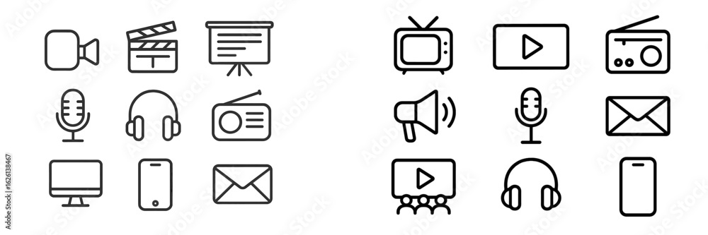 Poster icons representing various media and communication tools arranged in a visually engaging layout