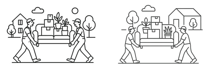 Movers transporting furniture and boxes in a residential area during daylight