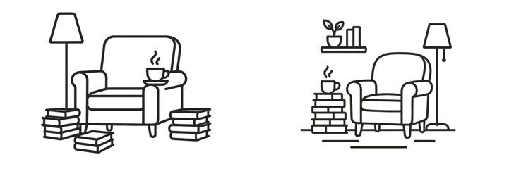 Cozy reading nook with a comfortable chair, books, and a warm cup of coffee in a relaxed indoor setting