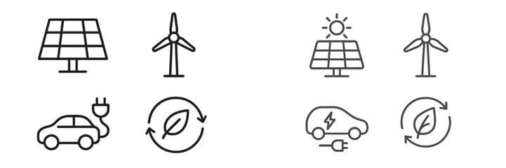 Diverse symbols representing renewable energy sources and sustainable transportation solutions for a greener future