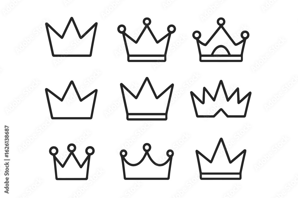 Poster collection of various crown designs in simple line art style arranged in a grid, ideal for decorativ