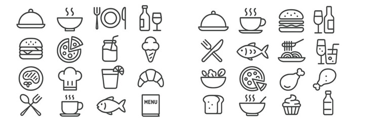 Diverse food icons illustrating meals, drinks, and dining utensils in a minimalist style