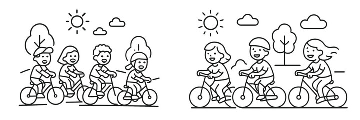 People enjoying a sunny day riding bicycles in a park with trees and clouds