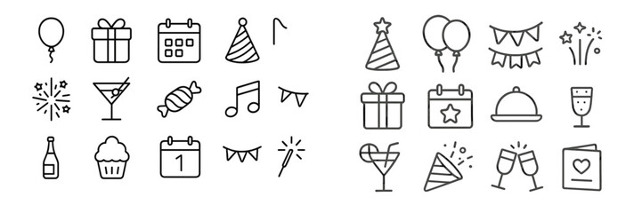 Festive celebration icons highlighting party elements such as balloons, gifts, cocktails, and music notes in minimalist design