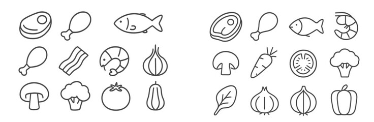 Various food icons representing meat, seafood, and vegetables suitable for menu design or culinary themes
