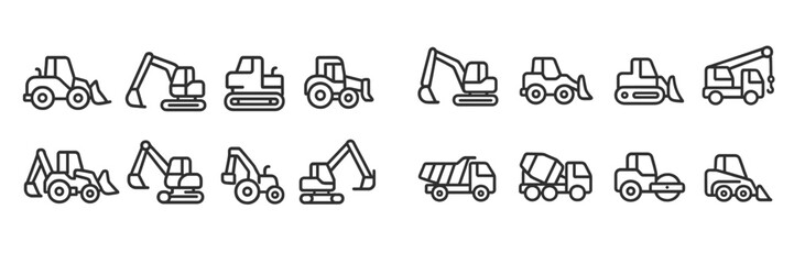 Construction equipment icons featuring various machinery for building and excavation projects in a minimalist design